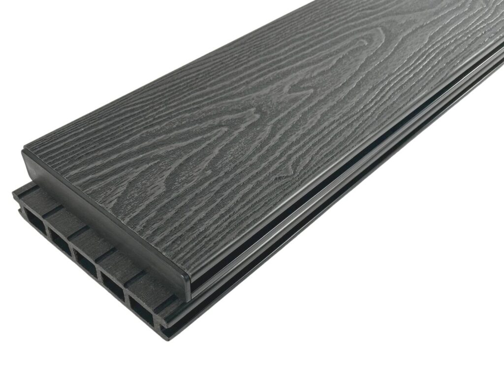 Grey end cap with grey composite decking