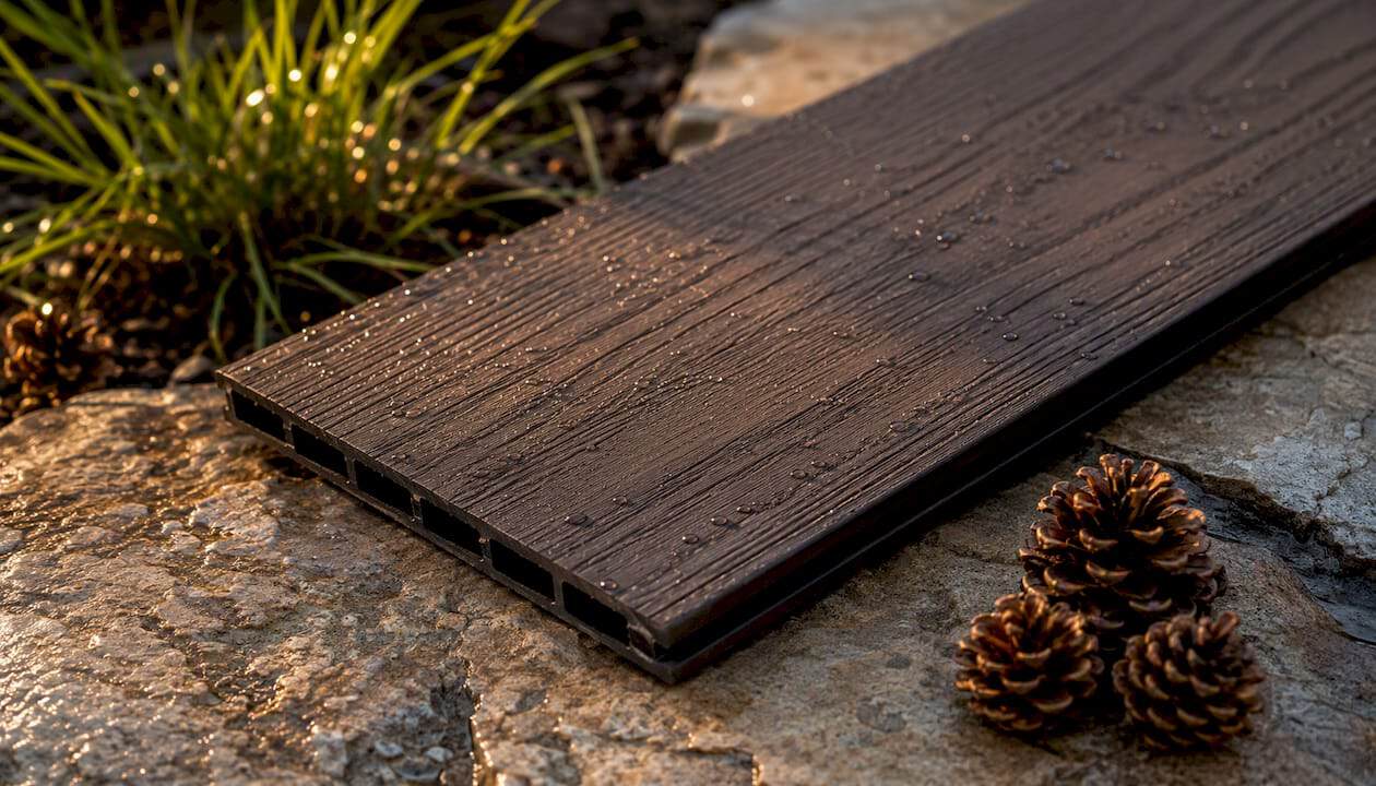 Close-up of composite decking board with rain droplets