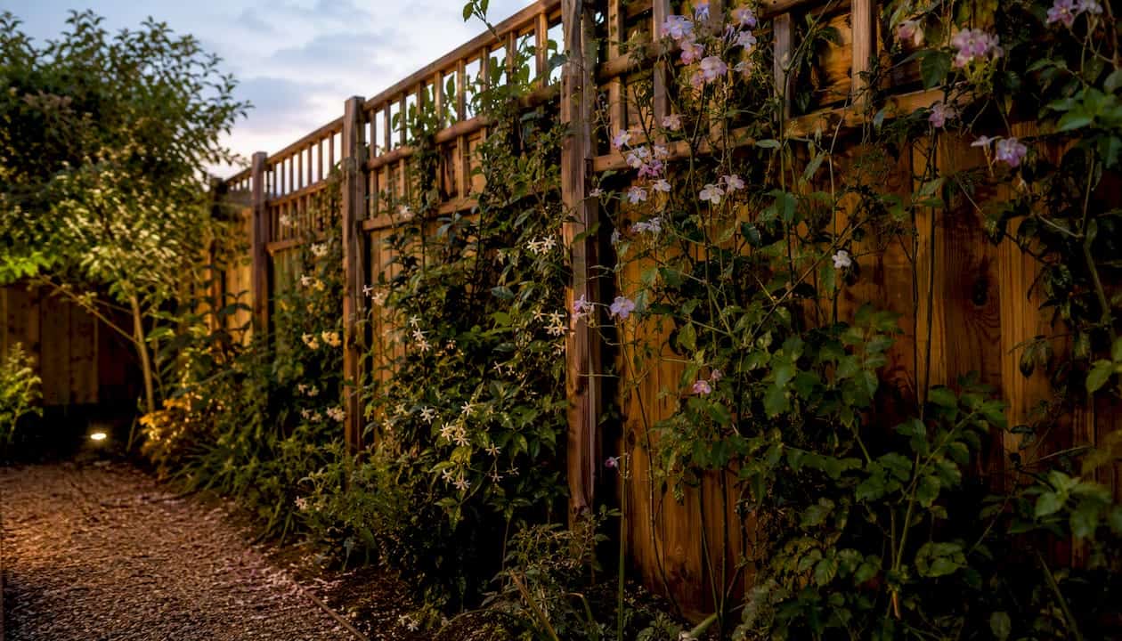 Garden fence with trellis and climbing plants