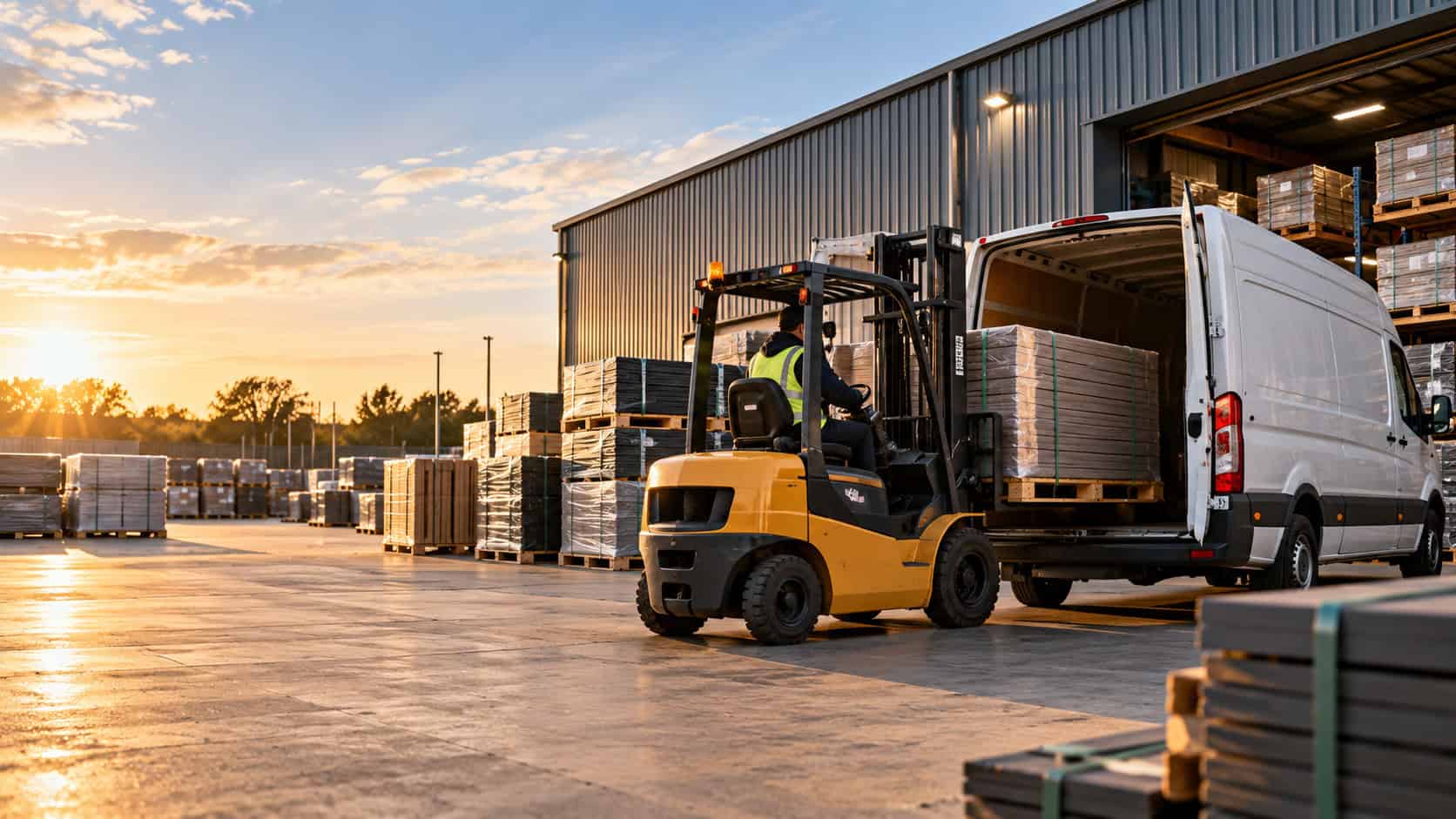 Forklift loading composite decking pallets in the Deck Kingdom warehouse yard at golden hour