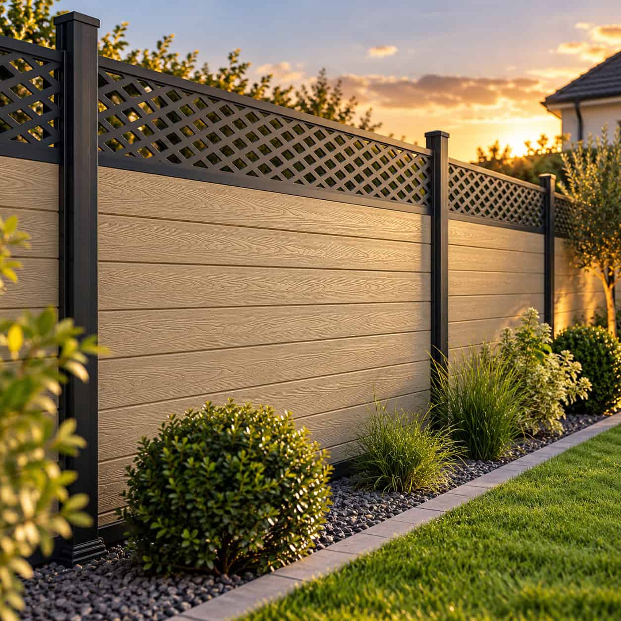 Maple composite fencing with a vista screen in a garden