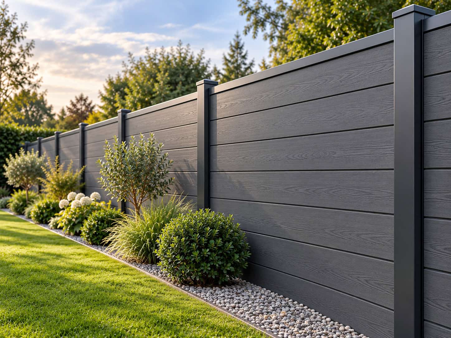 Charcoal composite fence along a garden border