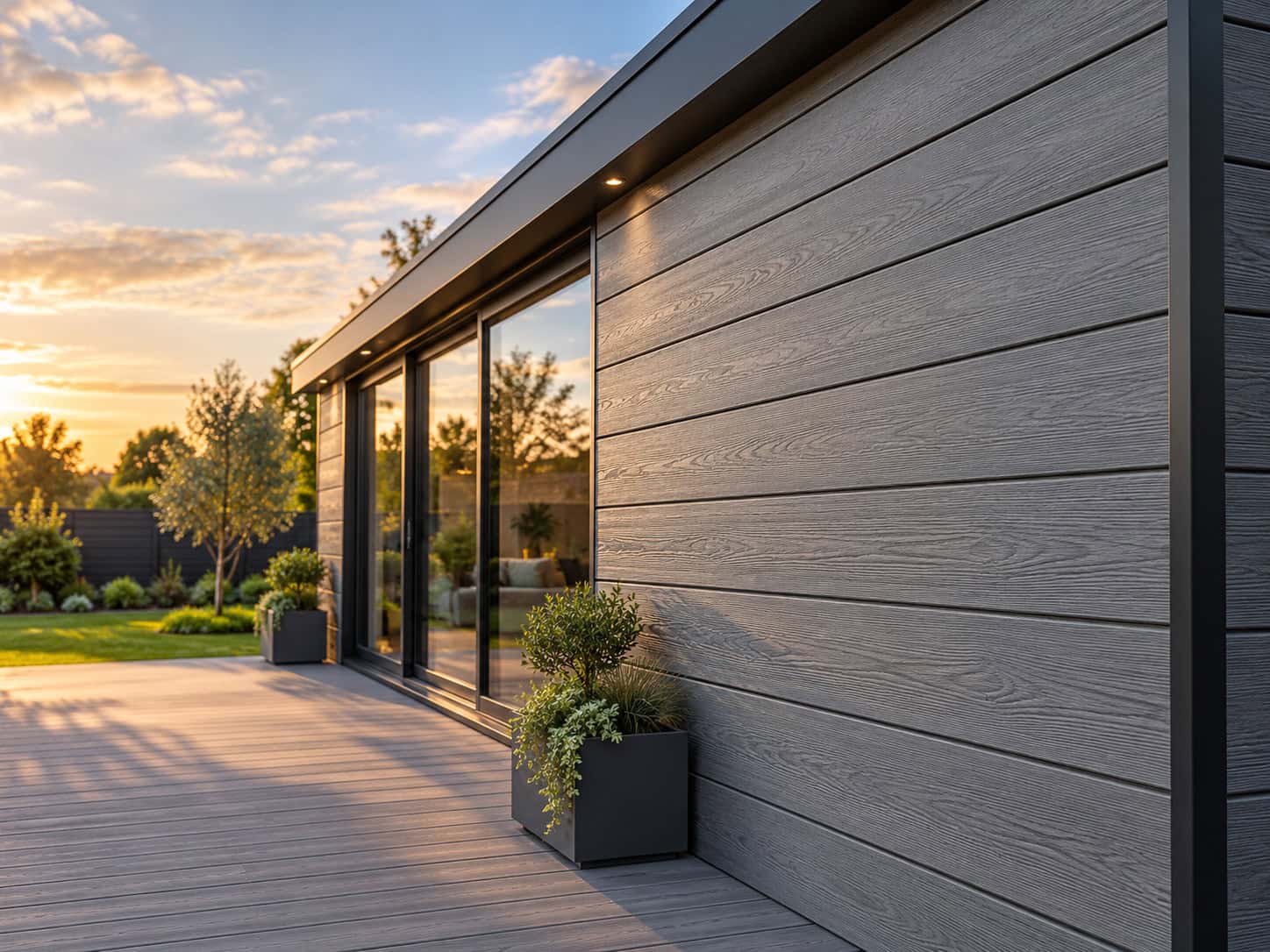 Woodgrain Composite Cladding in a garden setting