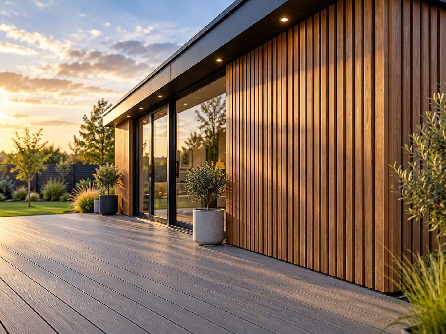 Garden room clad in slatted composite cladding
