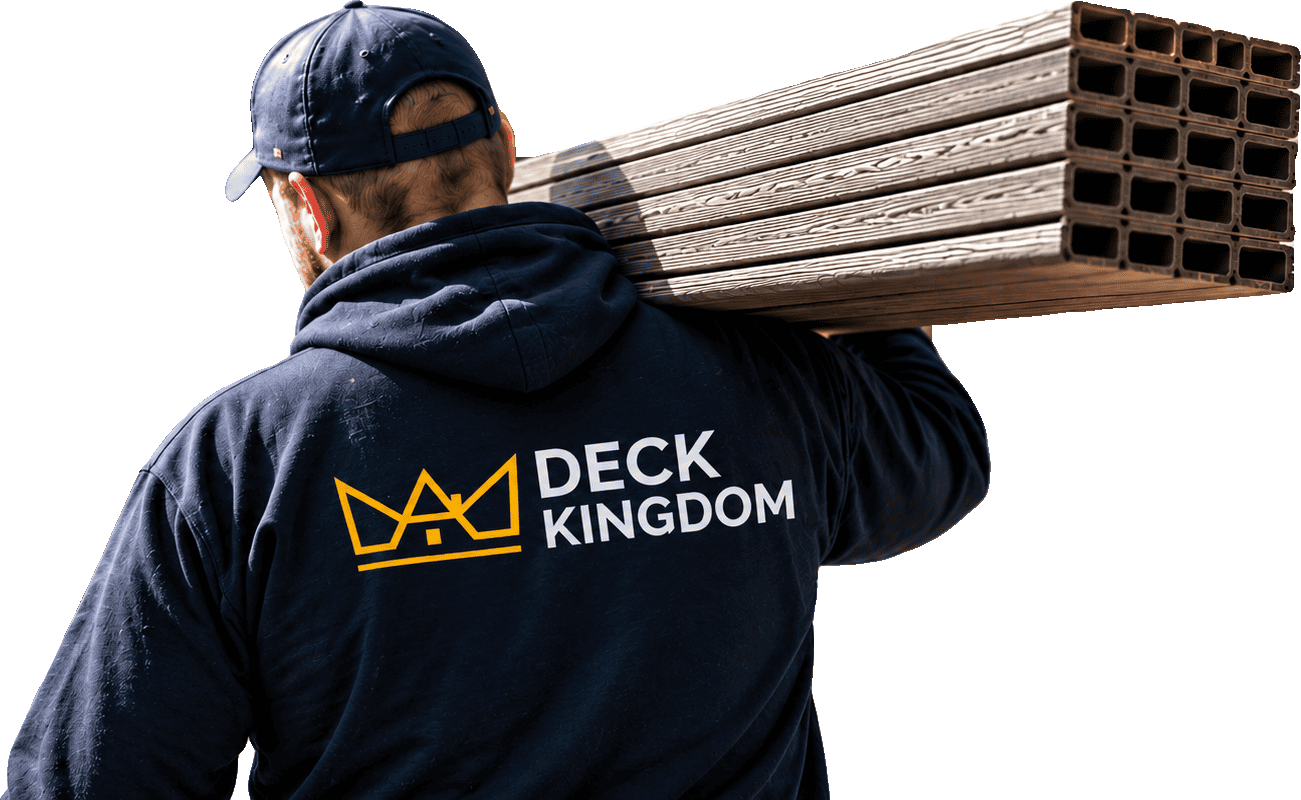 Deck Kingdom team member carrying composite decking boards
