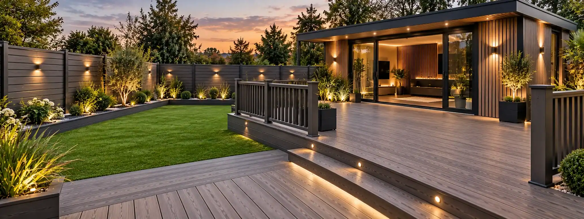Composite decking, balustrade, fencing and cladding garden at sunset