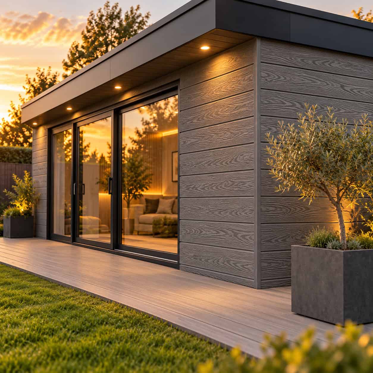 Garden room clad in grey woodgrain composite cladding